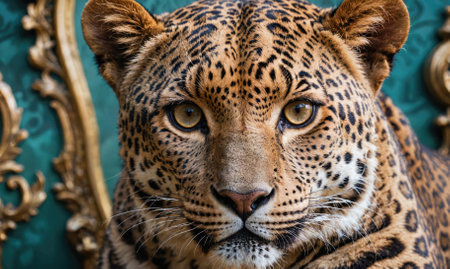 A leopard stares intently at the camera, its spotted fur contrasting against a gold and teal backgroundの素材