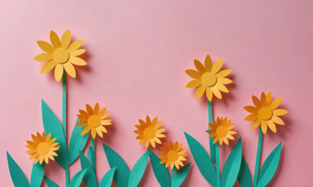 Paper flowers are arranged in a row on a pink backgroundの素材