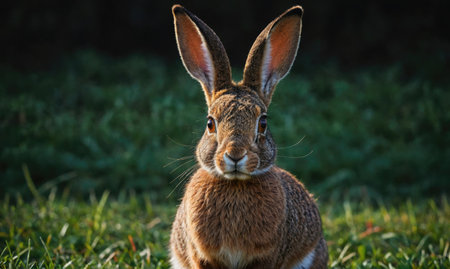 A brown rabbit sits in a field of green grass and stares intently at the cameraの素材