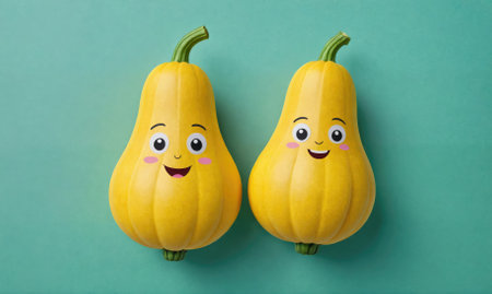 Two yellow squashes with drawn-on faces smile at each other on a teal backgroundの素材