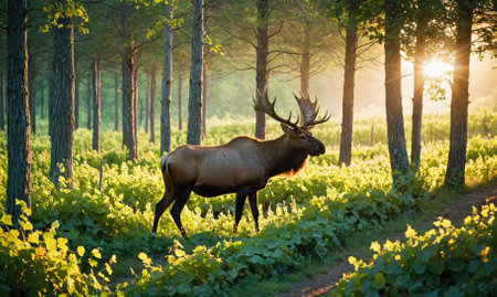 A large elk stands in a clearing in a forest, with the sun shining through the trees behind itの素材