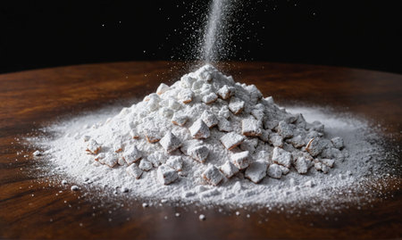 Powdered sugar is sprinkled over a pile of brownie bites on a wooden surfaceの素材