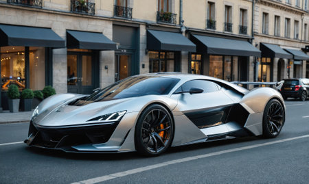 A silver sports car is parked on a city street in front of a row of shopsの素材