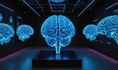 A large, illuminated brain model stands on a platform in a museum exhibit, surrounded by smaller brain models on the wallsの素材
