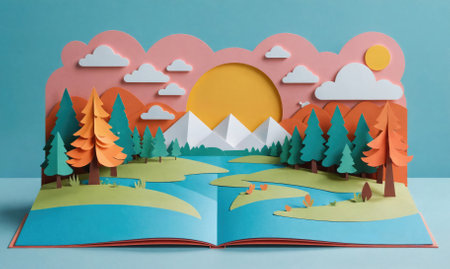 A colorful papercraft landscape unfolds from a book, showing a bright sun, mountains, trees, and a riverの素材
