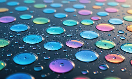 Large, iridescent water droplets sit on a dark surface, creating a pattern of colorful circlesの素材
