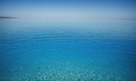 The clear, blue water of the ocean shimmers under the summer sunの素材