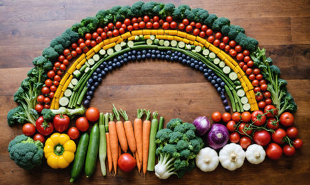 A rainbow of fresh produce arranged on a wooden tableの素材