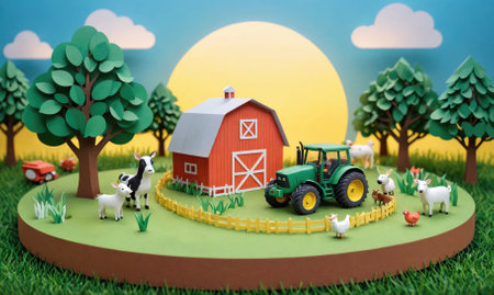 A paper farm scene features a red barn, a green tractor, and various animalsの素材