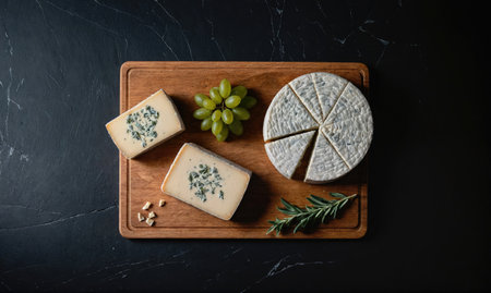 A selection of blue cheese and grapes rests on a wooden cutting board, ready for a delicious snackの素材