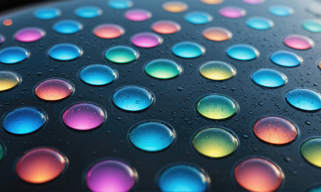A close-up view of colorful, spherical objects arranged in a grid pattern on a wet, black surfaceの素材
