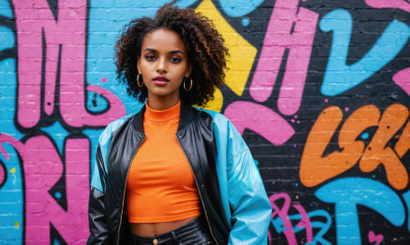 A young woman stands in front of a colorful graffiti wallの素材