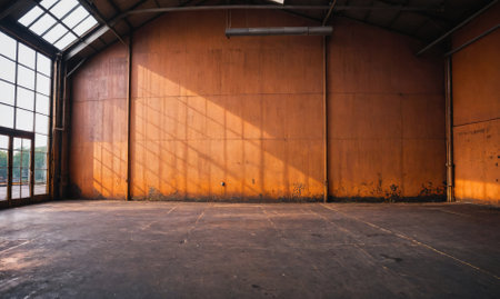 Sunlight streams through the windows of an empty warehouseの素材