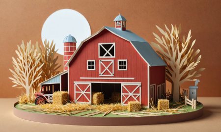 A papercraft model of a red barn with a tractor and hay bales sits on a table in front of a brown backgroundの素材