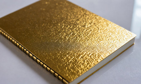 A gold spiral-bound notebook lies closed on a white surfaceの素材