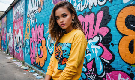A young woman stands in front of a colorful graffiti wall in an urban settingの素材