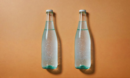 Two glass bottles of sparkling water on a light brown backgroundの素材