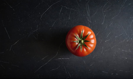 A ripe, red tomato sits on a dark, textured surfaceの素材