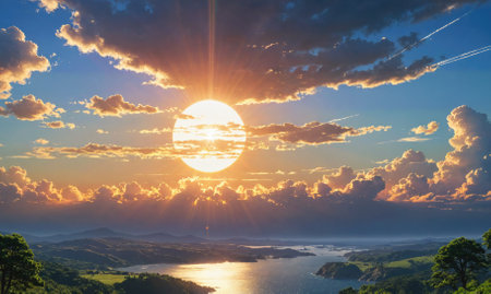 The sun shines brightly over a calm ocean, illuminating the clouds and hills in the distanceの素材