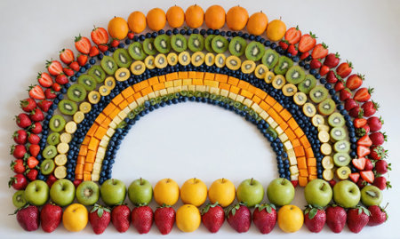 A rainbow made of different fruits is arranged on a white backgroundの素材