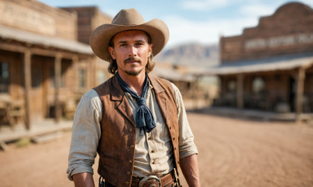 A man in a cowboy hat stands in a western town, looking straight aheadの素材