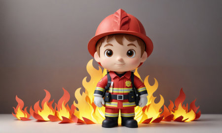 A figurine of a firefighter stands in front of paper flamesの素材