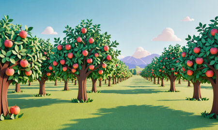 A row of apple trees laden with ripe fruit stretches out in a field, with mountains visible in the distanceの素材