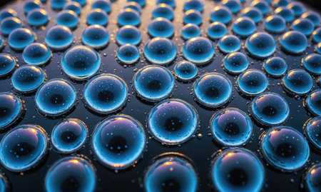 A close-up of blue bubbles on a dark surfaceの素材