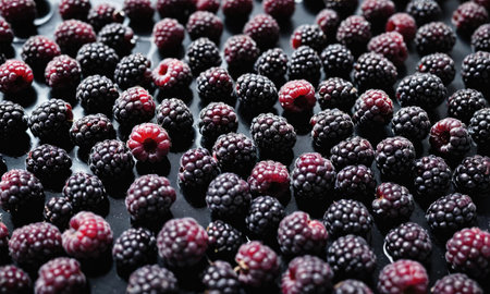 Fresh blackberries are scattered on a black surfaceの素材
