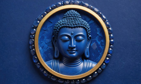 A blue Buddha statue sits in a gold and blue frame on a dark blue wallの素材