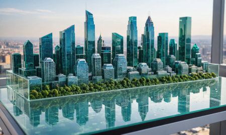 A detailed model of a modern city sits on a table with a view of the real city in the backgroundの素材