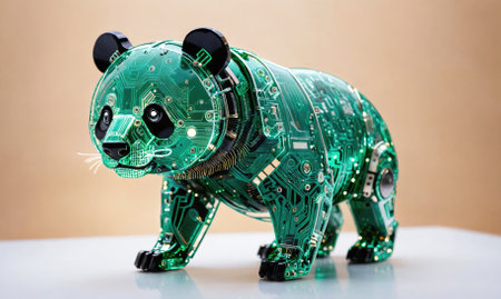 A green, robotic panda stands on a white surfaceの素材
