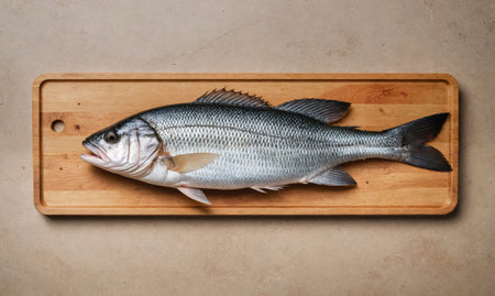 A fresh fish lays on a wooden cutting boardの素材