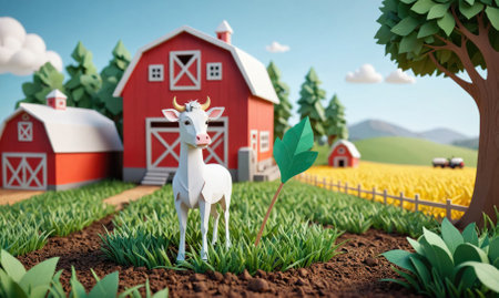 A white cow stands in front of a red barn on a sunny dayの素材