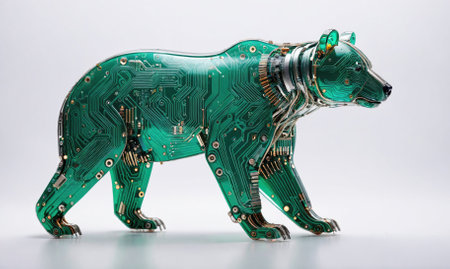 A green circuit board bear stands on a white surface, facing rightの素材