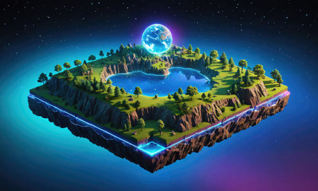 A floating island with a small lake and trees against a starry night skyの素材