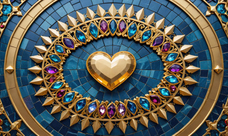 A gold heart sits in the center of a blue mosaic, surrounded by a golden border of jewelsの素材