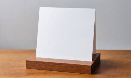 A blank white card sits on a wooden stand on a wooden surfaceの素材