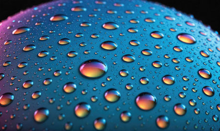 A close-up shot of water droplets on a blue surface, illuminated by colorful lightsの素材