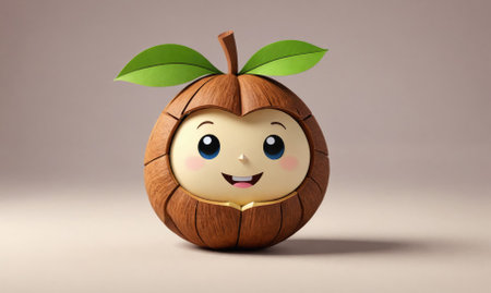 A smiling, wooden fruit with green leaves sits on a plain, beige backgroundの素材