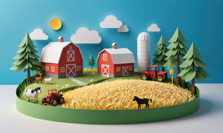 A paper model farm scene featuring two red barns, a silo, and a tractor on a field of wheatの素材