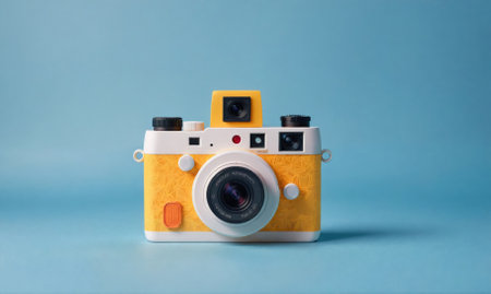 A yellow and white camera sits on a blue surfaceの素材