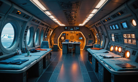 A futuristic spacecrafts interior with two beds on either side of a central walkway leading to a workspace with a desk, chair, and laptopの素材