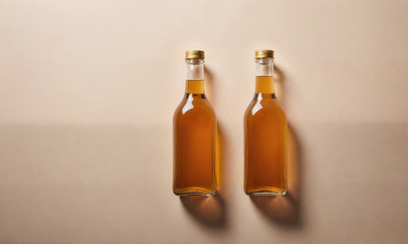 Two bottles of amber liquid sit on a light beige surface, casting subtle shadowsの素材