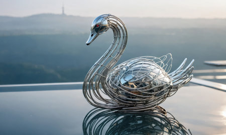 A metal swan sculpture sits on a reflective surface with a distant view of the cityの素材
