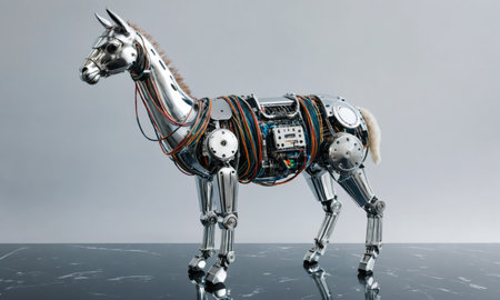 A robotic horse made of metal and wires stands on a dark surfaceの素材