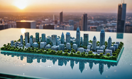 A miniature cityscape sits on a table with a view of a city skyline and a sunset in the backgroundの素材