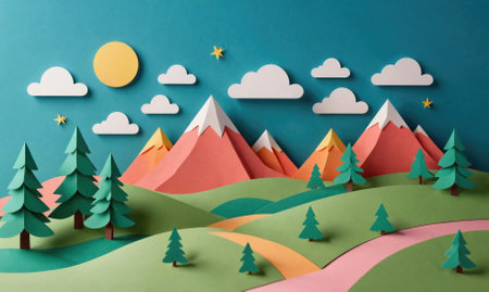 A papercraft scene with mountains, clouds, and treesの素材