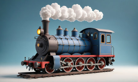 A blue and red vintage steam locomotive with large white smoke plumes is sitting on the tracksの素材