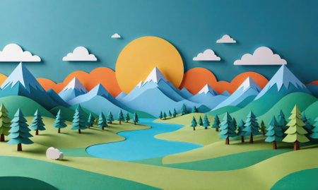A papercraft scene depicting a mountain range with a winding river flowing through a valley, under a large yellow sunの素材